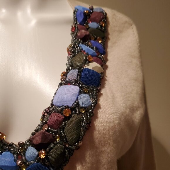 Tibi Jeweled Neck Cashmere Blend Sweater Tan L - Picture 4 of 6